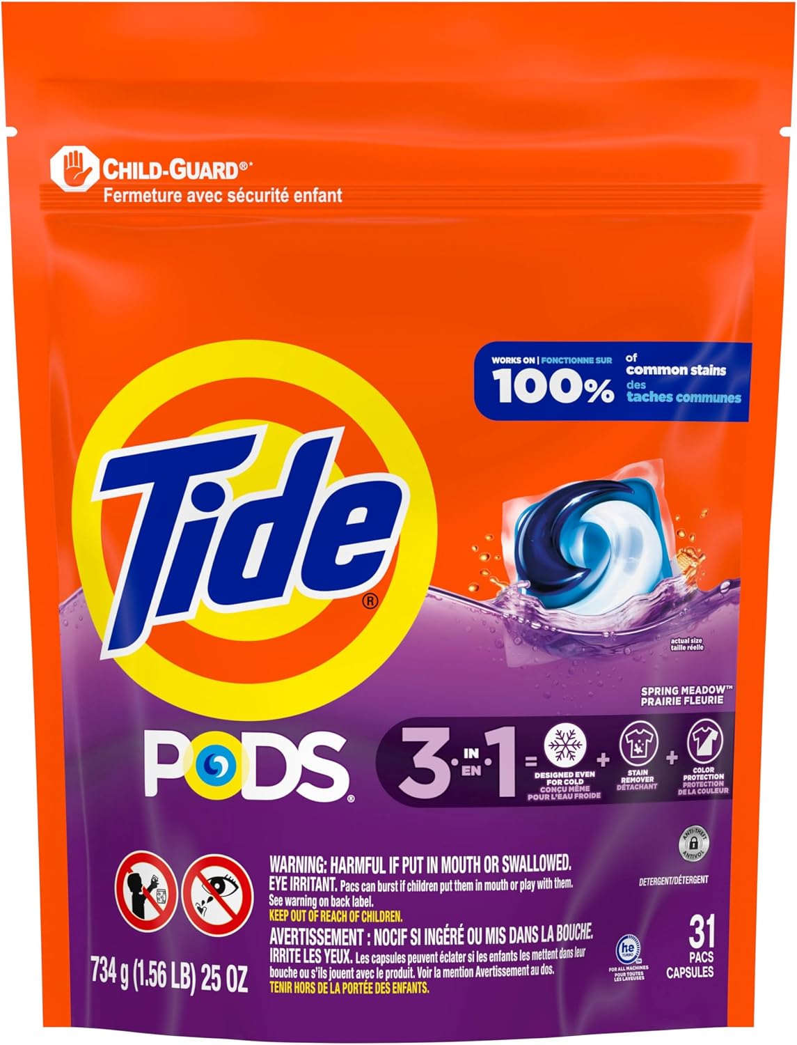 Tide PODS laundry detergent pacs, 3-in-1 Stain Remover, Odor Fighter, Color ProteCountor, 76 Count, HE compatible, Spring Meadow Scent