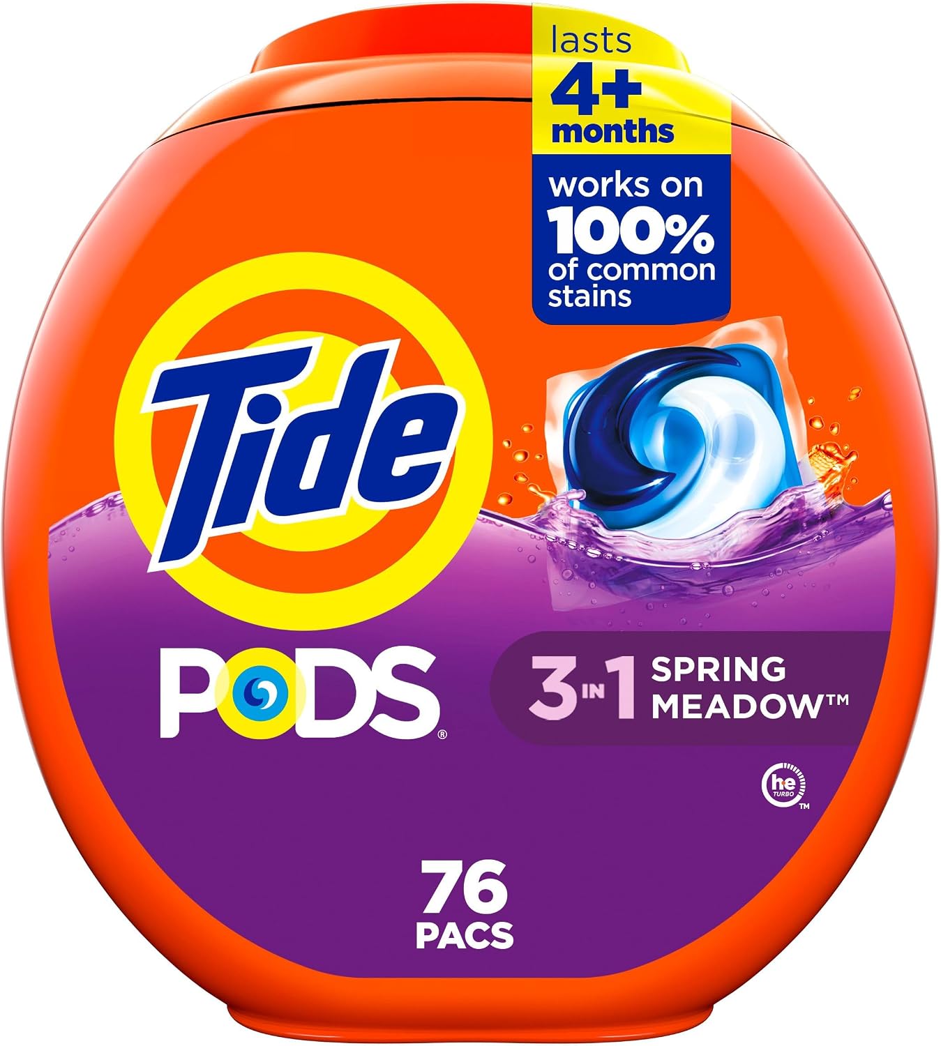 Tide PODS laundry detergent pacs, 3-in-1 Stain Remover, Odor Fighter, Color ProteCountor, 76 Count, HE compatible, Spring Meadow Scent