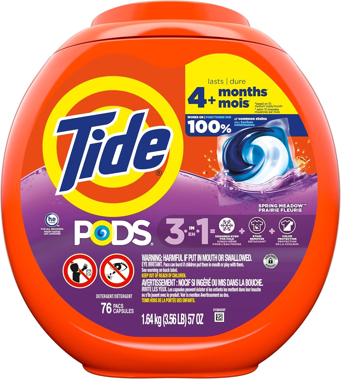 Tide PODS laundry detergent pacs, 3-in-1 Stain Remover, Odor Fighter, Color ProteCountor, 76 Count, HE compatible, Spring Meadow Scent