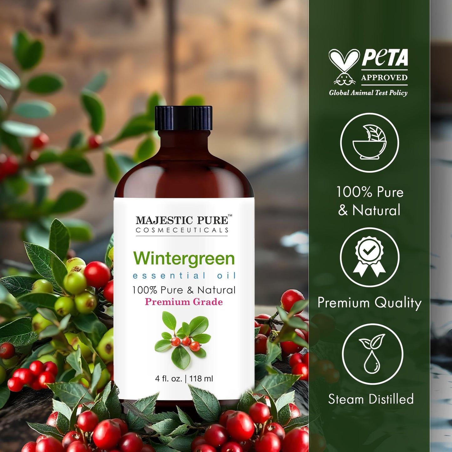 Majestic Pure Peppermint Essential Oil for Diffuser - 4 Fl Oz | 100% Natural Essentials Oils for Aromatherapy, Massage, Steam inhalation, Air Freshing, Soap and Candle Making