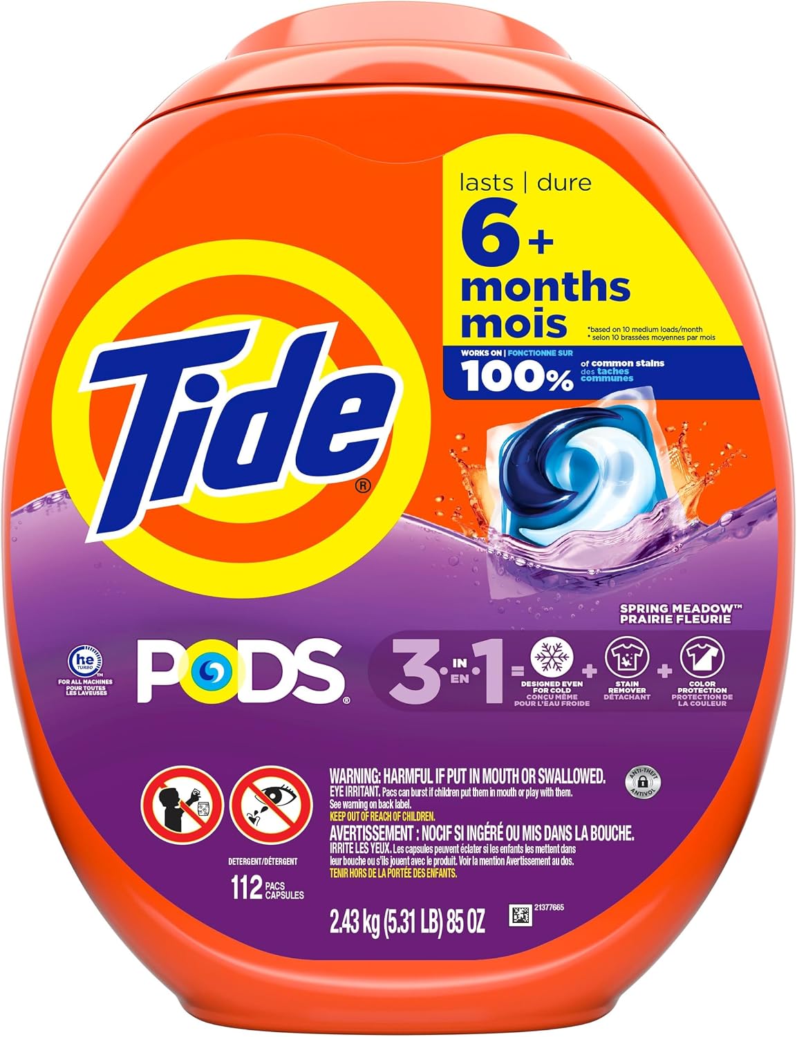 Tide PODS laundry detergent pacs, 3-in-1 Stain Remover, Odor Fighter, Color ProteCountor, 76 Count, HE compatible, Spring Meadow Scent