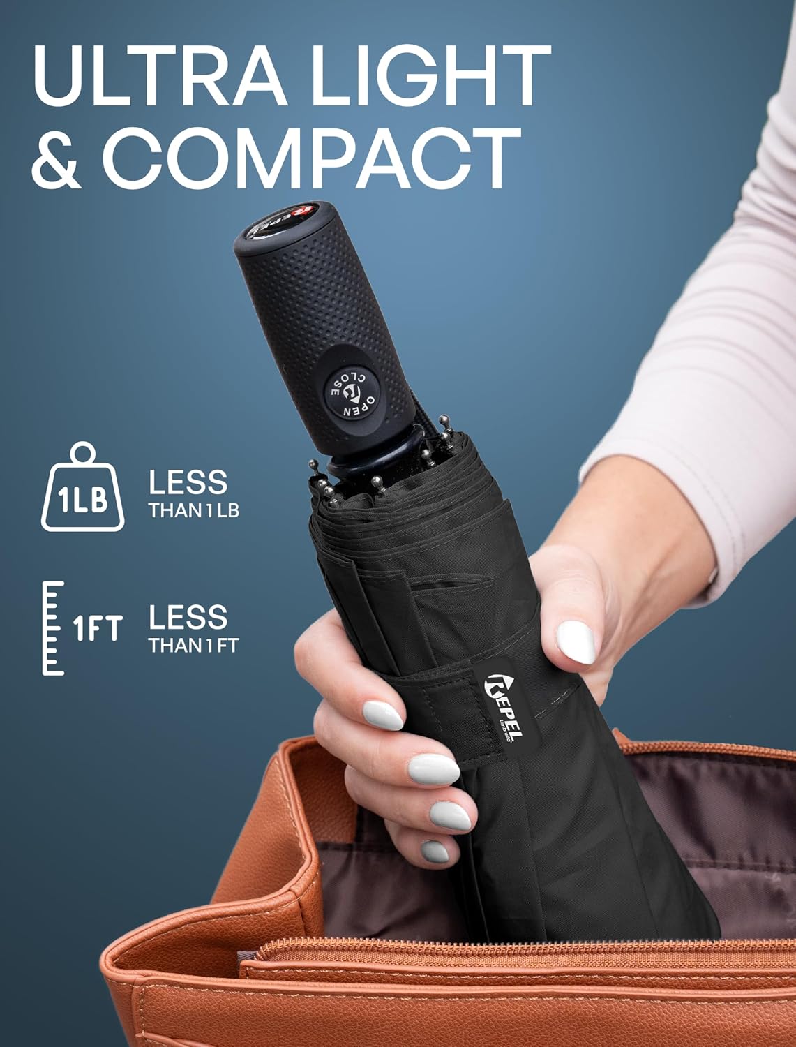 Repel Windproof Travel Umbrella - Compact & Withstands Winds up to 100MPH, Strongest Premium Auto Folding Umbrella for Rain and Sun - Durable, Light & Portable for Women & Men, Fits Backpack & Cars