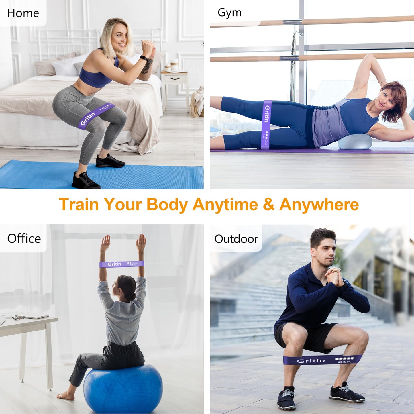 Gritin Resistance Bands, Set of 5 Skin-Friendly Resistance Exercise Band | 5 Different Strength Levels Fitness Bands - Travel Carrying Case Included - Ideal for Home, Gym, Yoga, Training