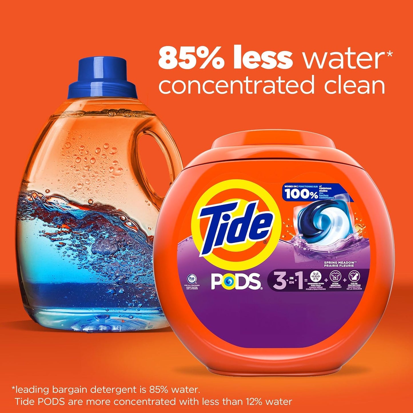 Tide PODS laundry detergent pacs, 3-in-1 Stain Remover, Odor Fighter, Color ProteCountor, 76 Count, HE compatible, Spring Meadow Scent