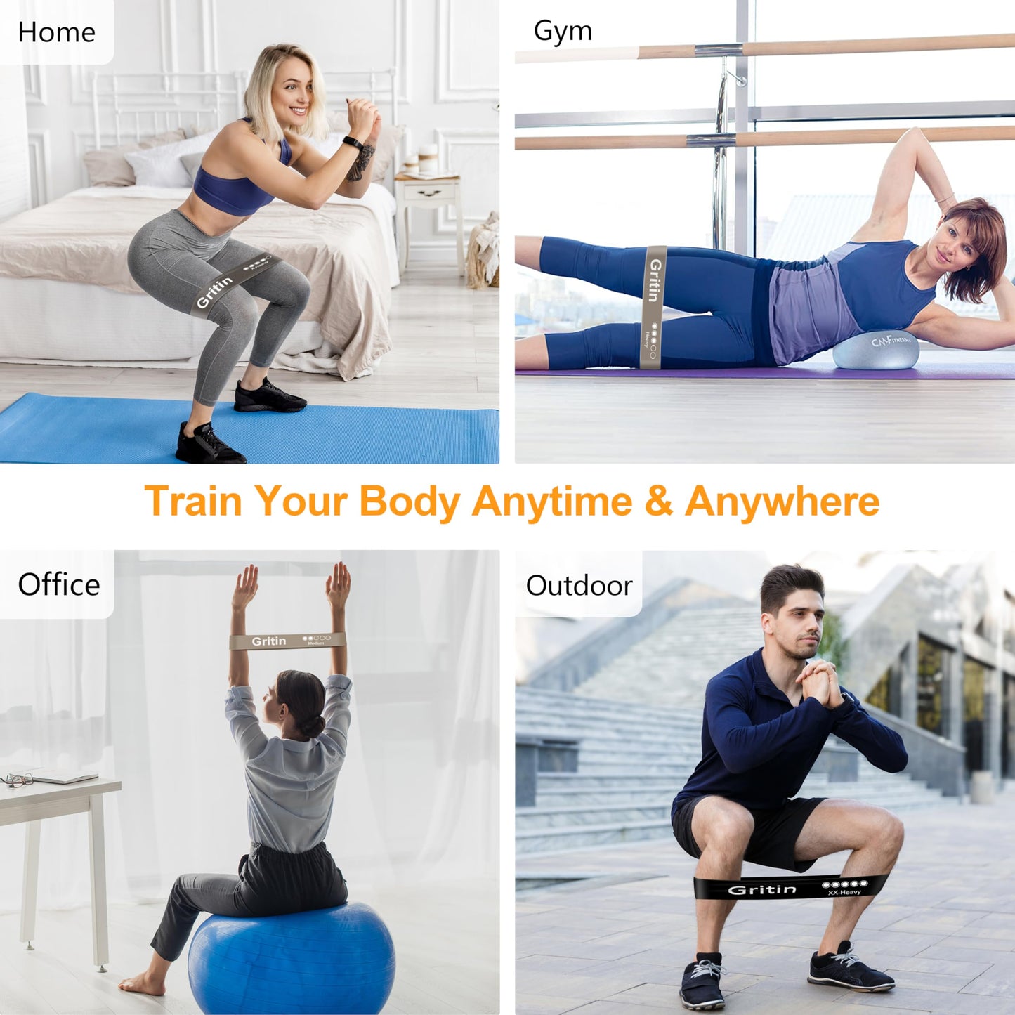 Gritin Resistance Bands, Set of 5 Skin-Friendly Resistance Exercise Band | 5 Different Strength Levels Fitness Bands - Travel Carrying Case Included - Ideal for Home, Gym, Yoga, Training