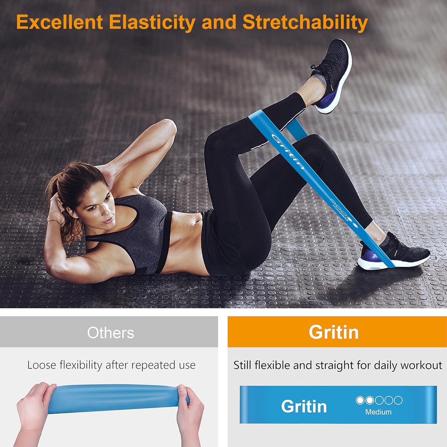 Gritin Resistance Bands, Set of 5 Skin-Friendly Resistance Exercise Band | 5 Different Strength Levels Fitness Bands - Travel Carrying Case Included - Ideal for Home, Gym, Yoga, Training