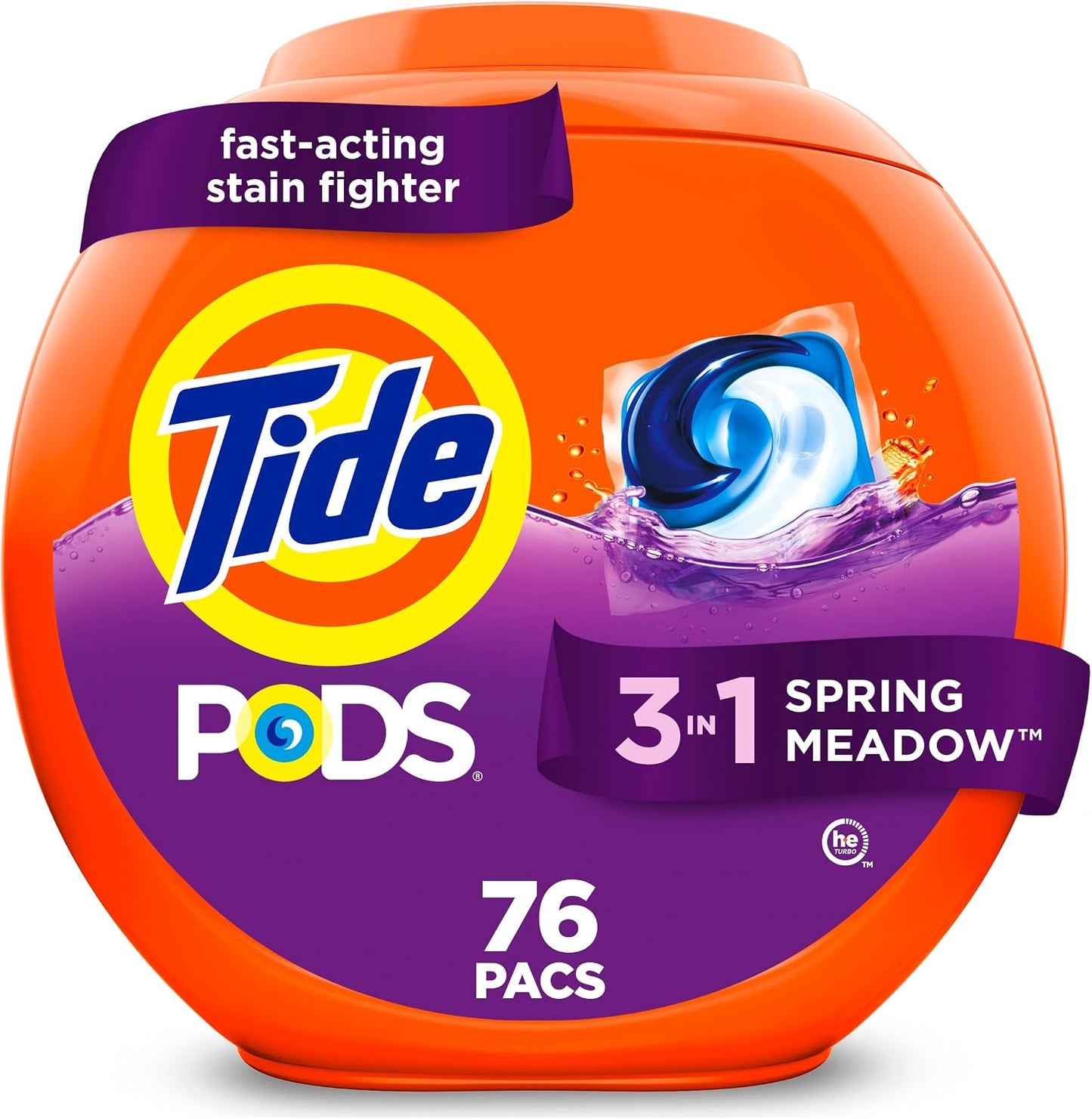 Tide PODS laundry detergent pacs, 3-in-1 Stain Remover, Odor Fighter, Color ProteCountor, 76 Count, HE compatible, Spring Meadow Scent