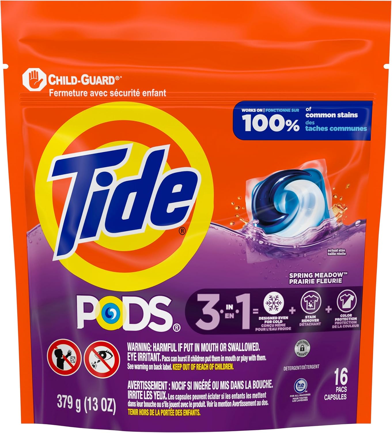 Tide PODS laundry detergent pacs, 3-in-1 Stain Remover, Odor Fighter, Color ProteCountor, 76 Count, HE compatible, Spring Meadow Scent