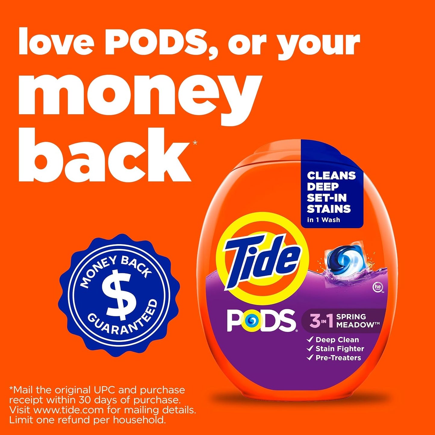 Tide PODS laundry detergent pacs, 3-in-1 Stain Remover, Odor Fighter, Color ProteCountor, 76 Count, HE compatible, Spring Meadow Scent