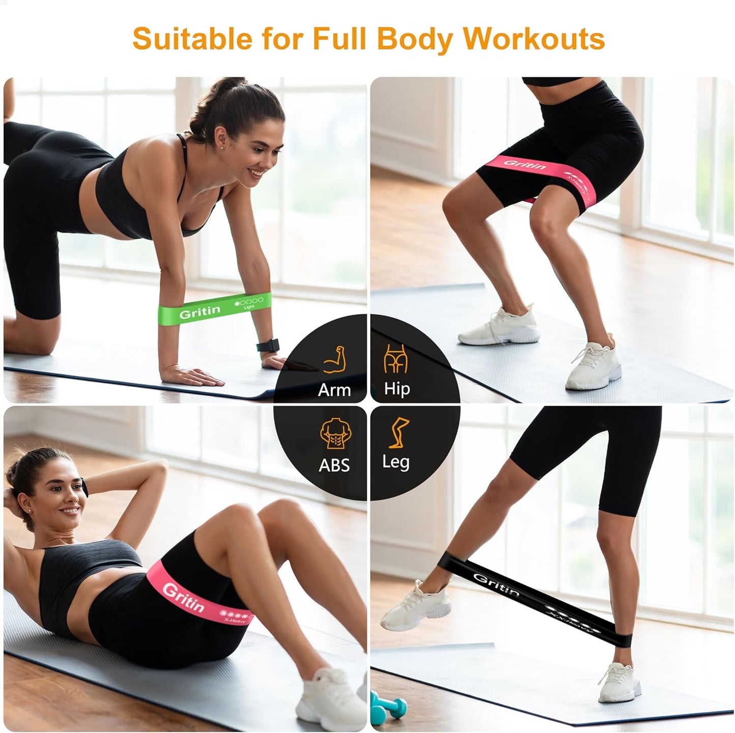 Gritin Resistance Bands, Set of 5 Skin-Friendly Resistance Exercise Band | 5 Different Strength Levels Fitness Bands - Travel Carrying Case Included - Ideal for Home, Gym, Yoga, Training