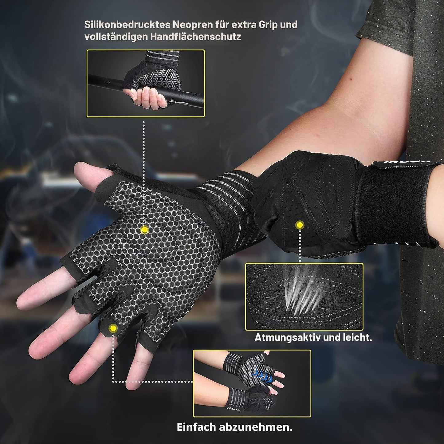 ihuan Ventilated Weight Lifting Gym Workout Gloves with Wrist Wrap Support for Men & Women, Full Palm Protection, for Weightlifting, Training, Fitness, Hanging, Pull ups