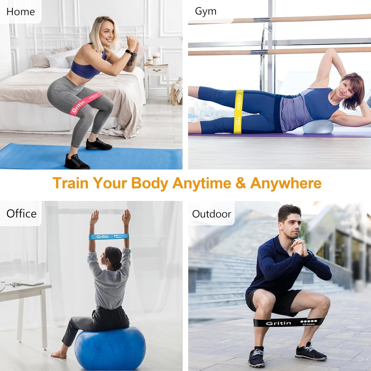 Gritin Resistance Bands, Set of 5 Skin-Friendly Resistance Exercise Band | 5 Different Strength Levels Fitness Bands - Travel Carrying Case Included - Ideal for Home, Gym, Yoga, Training