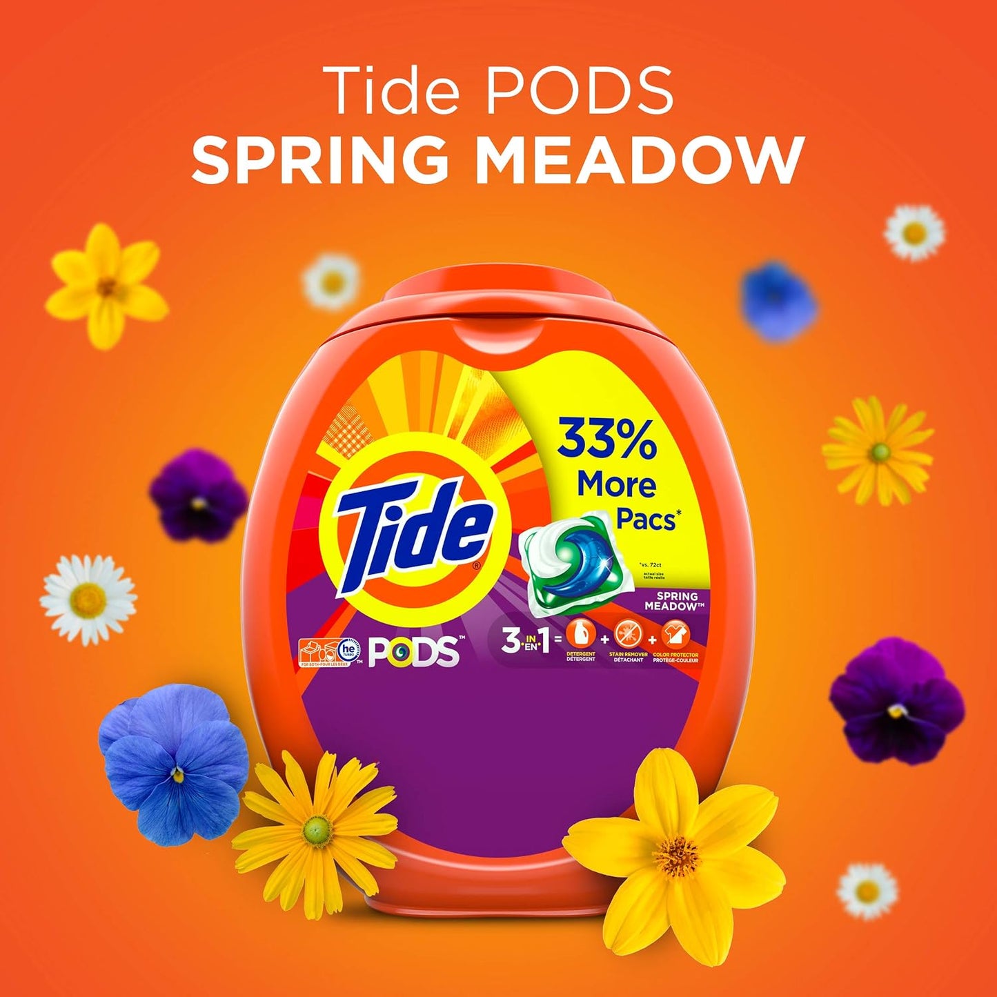 Tide PODS laundry detergent pacs, 3-in-1 Stain Remover, Odor Fighter, Color ProteCountor, 76 Count, HE compatible, Spring Meadow Scent