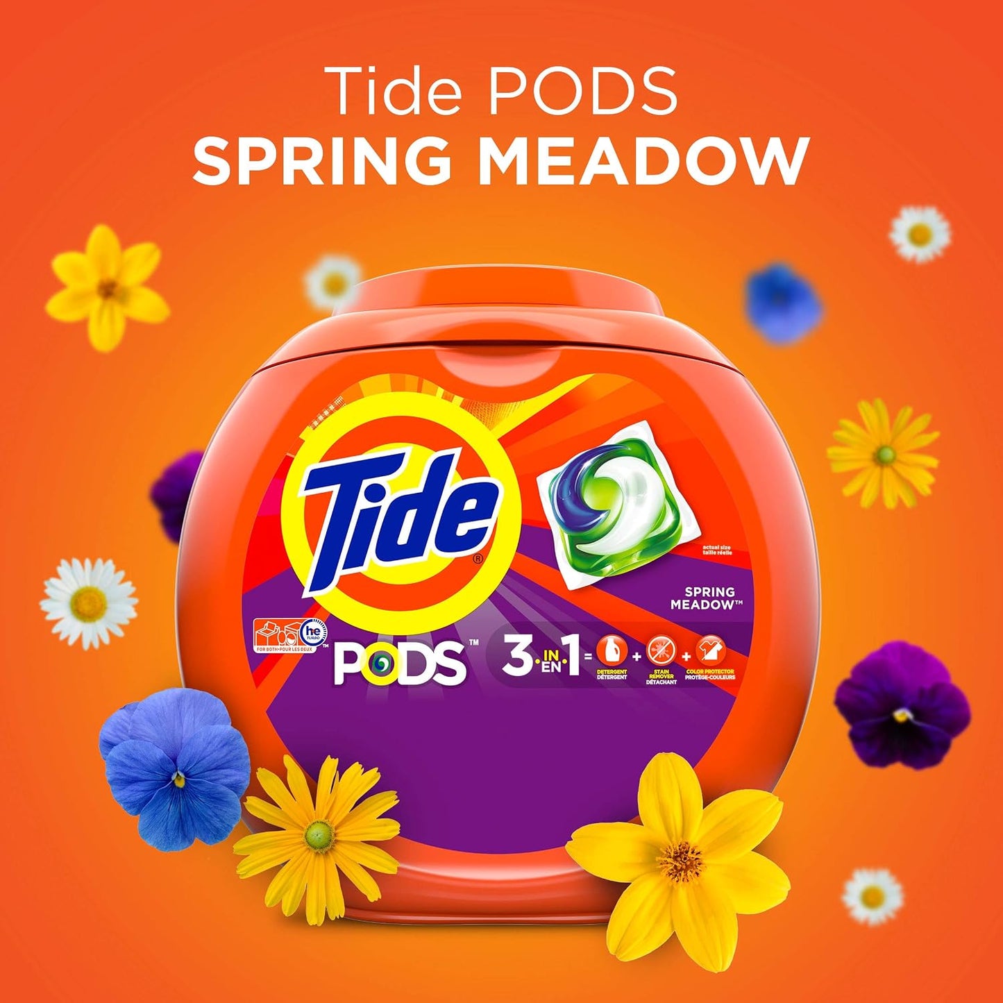 Tide PODS laundry detergent pacs, 3-in-1 Stain Remover, Odor Fighter, Color ProteCountor, 76 Count, HE compatible, Spring Meadow Scent