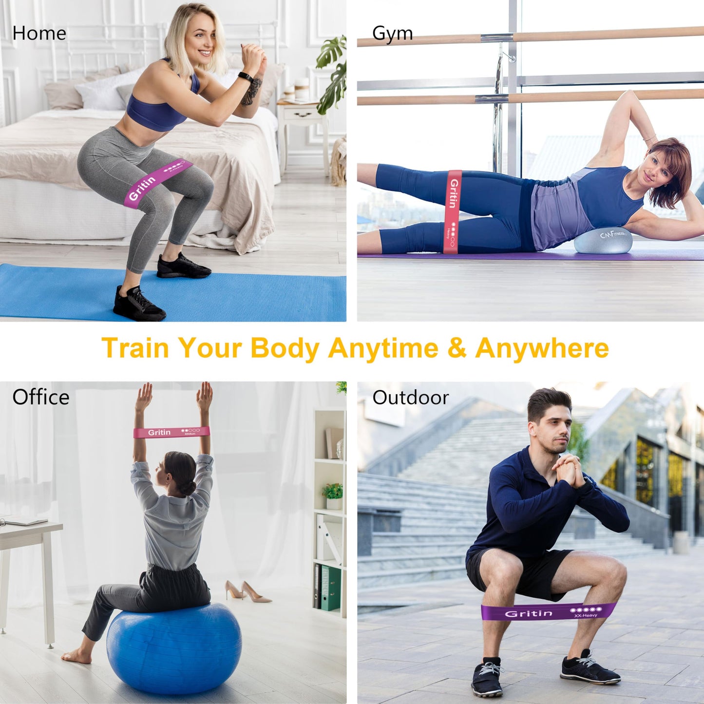 Gritin Resistance Bands, Set of 5 Skin-Friendly Resistance Exercise Band | 5 Different Strength Levels Fitness Bands - Travel Carrying Case Included - Ideal for Home, Gym, Yoga, Training