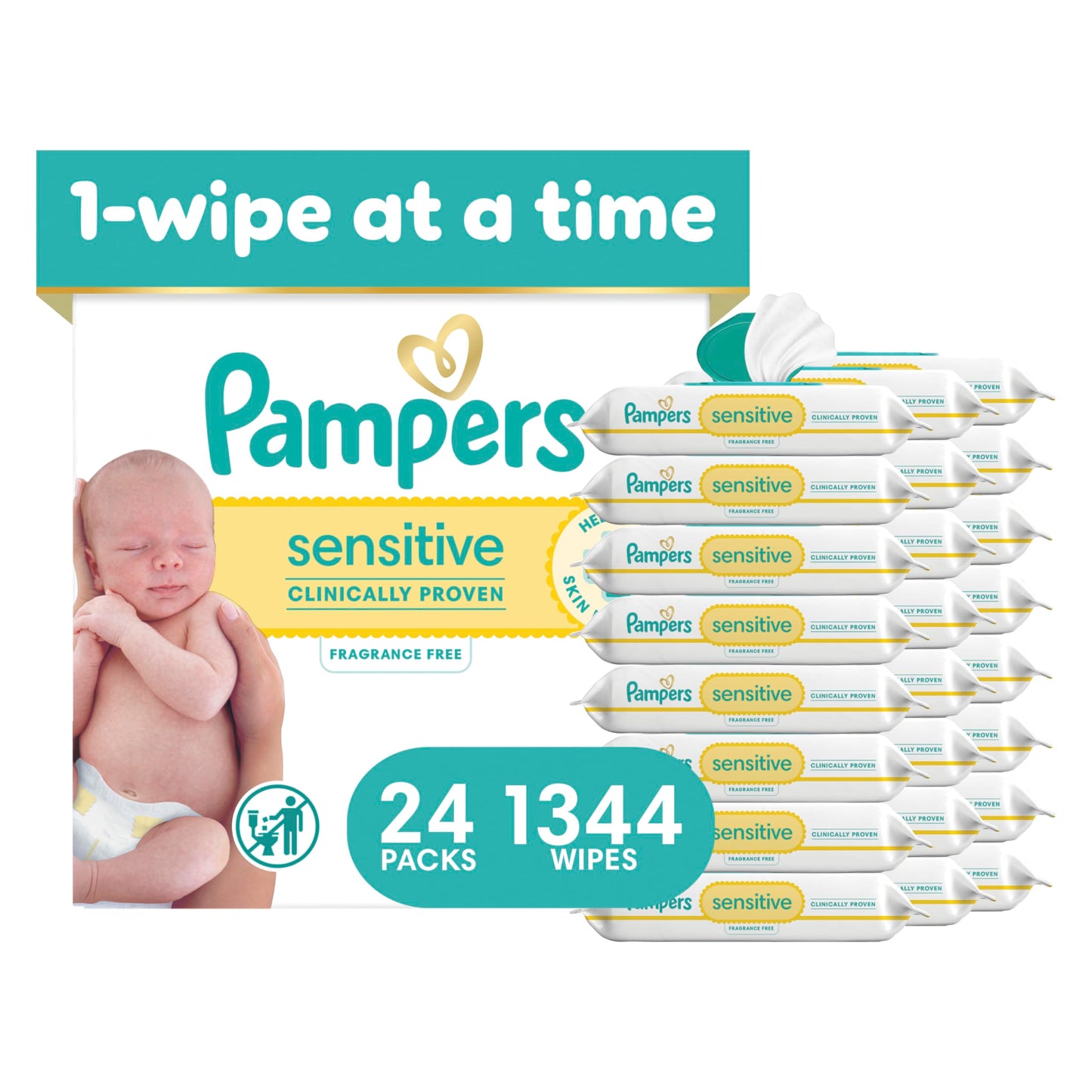 Pampers Sensitive Baby Wipes, Clinically Proven, Fragrance Free, Unscented, Water Based, Hypoallergenic, Multi-Use, Hand Wipes 1008 Wipes Total (18X Flip-Top Packs) [Packaging May Vary]