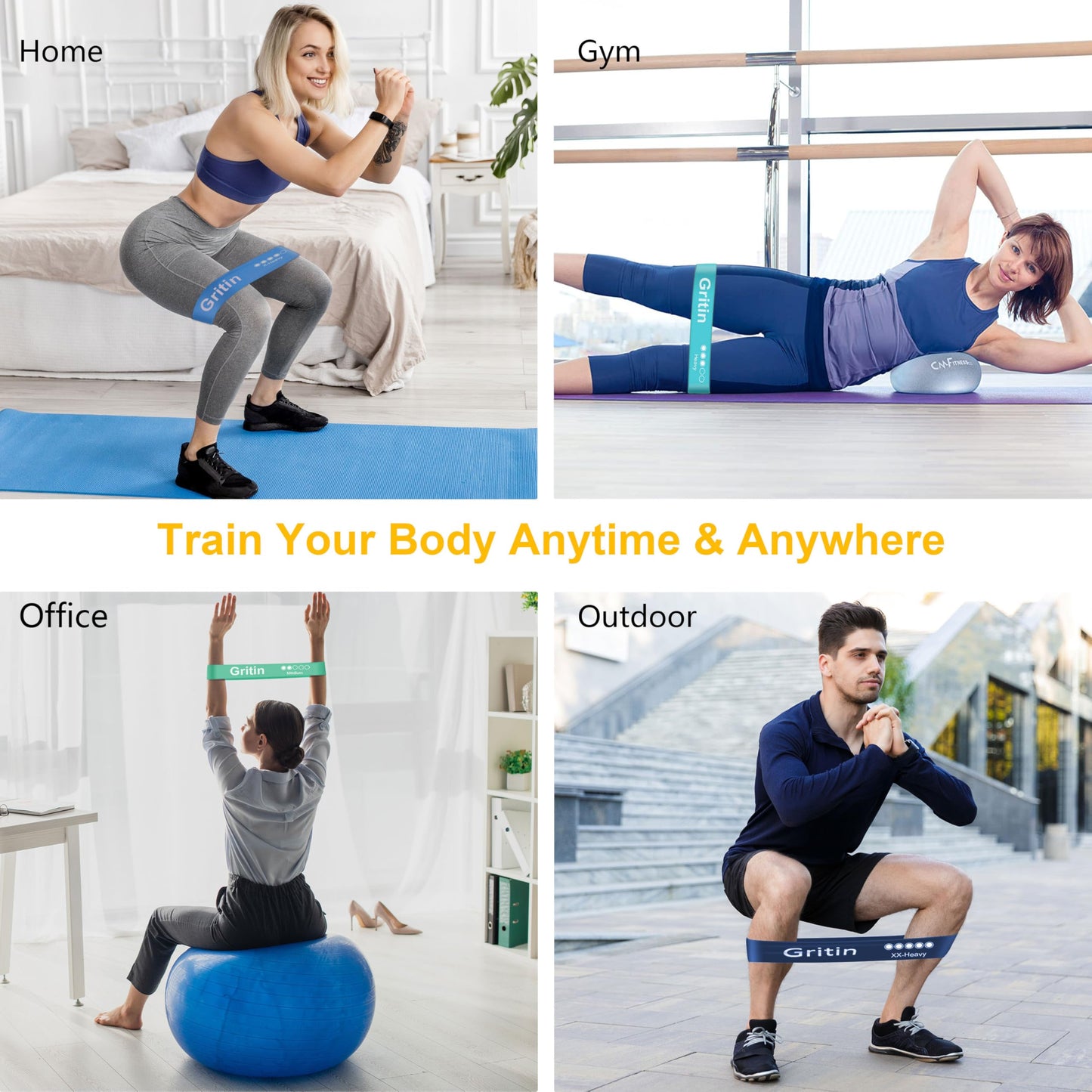 Gritin Resistance Bands, Set of 5 Skin-Friendly Resistance Exercise Band | 5 Different Strength Levels Fitness Bands - Travel Carrying Case Included - Ideal for Home, Gym, Yoga, Training
