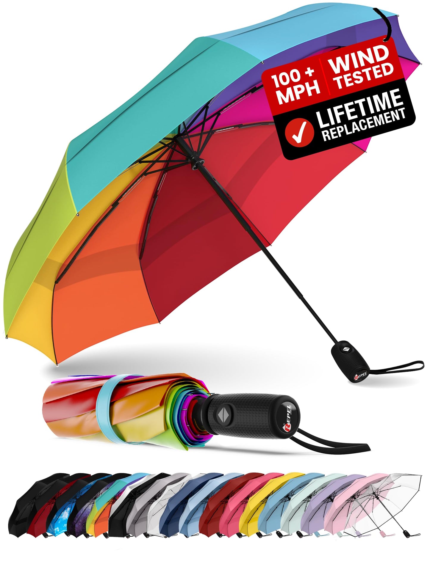 Repel Windproof Travel Umbrella - Compact & Withstands Winds up to 100MPH, Strongest Premium Auto Folding Umbrella for Rain and Sun - Durable, Light & Portable for Women & Men, Fits Backpack & Cars