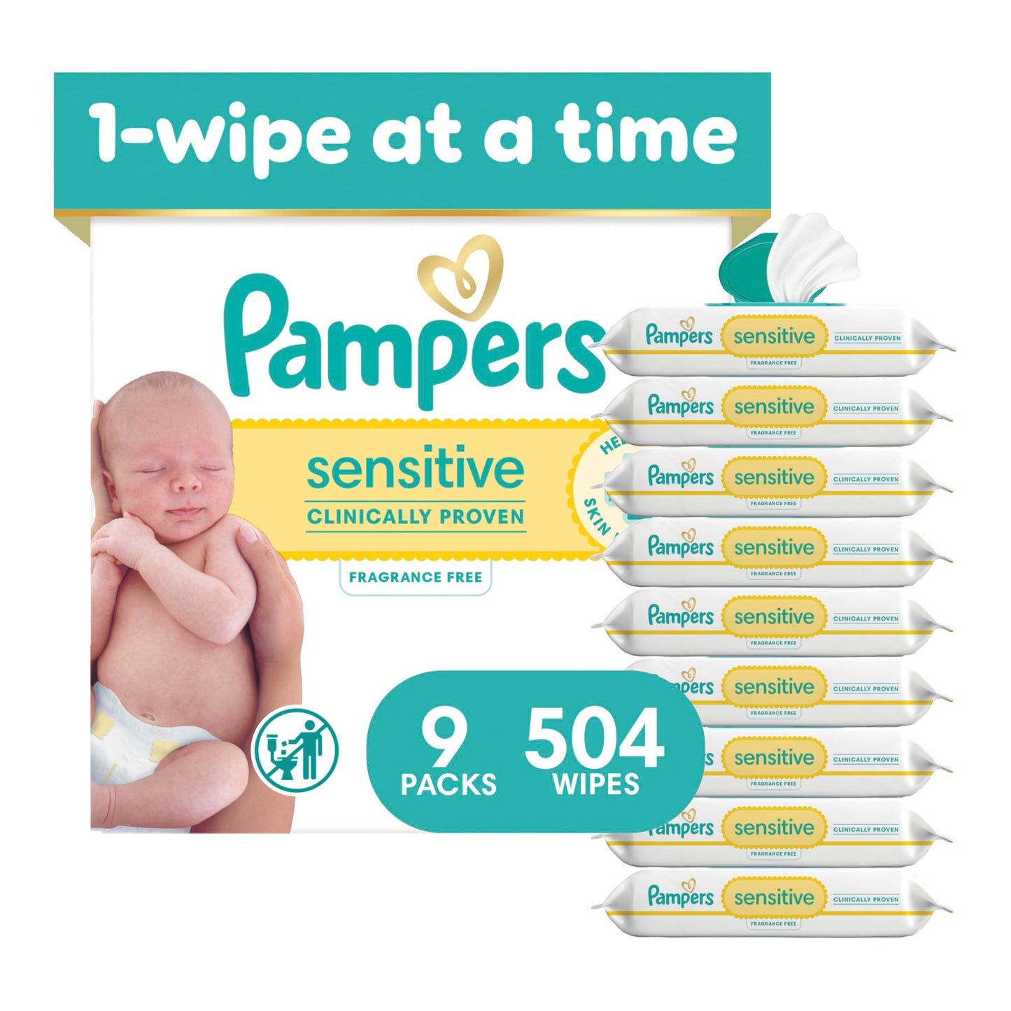 Pampers Sensitive Baby Wipes, Clinically Proven, Fragrance Free, Unscented, Water Based, Hypoallergenic, Multi-Use, Hand Wipes 1008 Wipes Total (18X Flip-Top Packs) [Packaging May Vary]