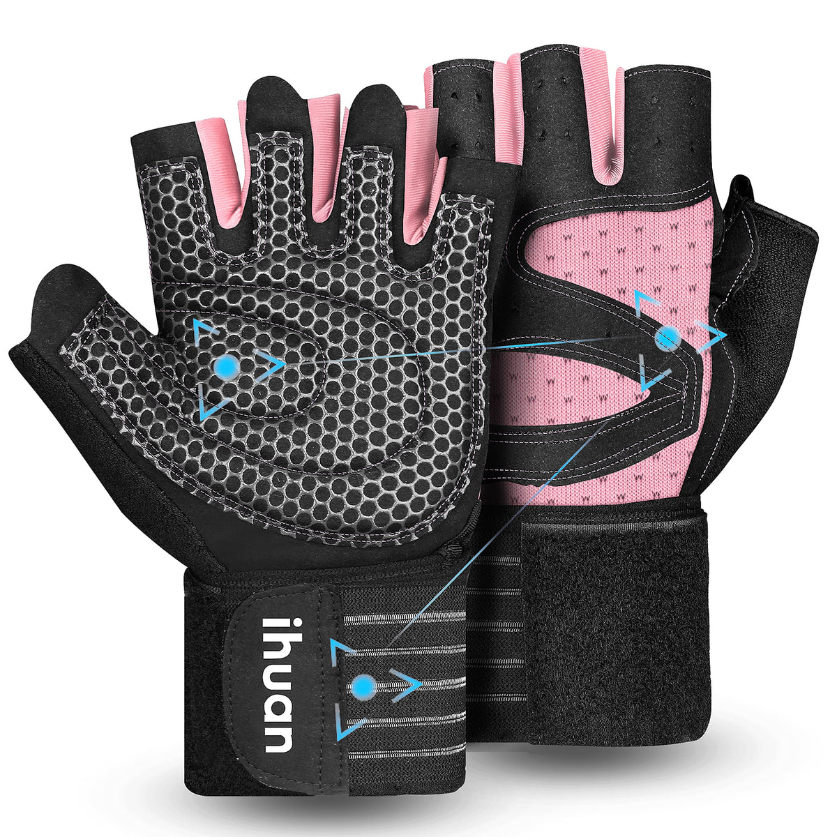 ihuan Ventilated Weight Lifting Gym Workout Gloves with Wrist Wrap Support for Men & Women, Full Palm Protection, for Weightlifting, Training, Fitness, Hanging, Pull ups