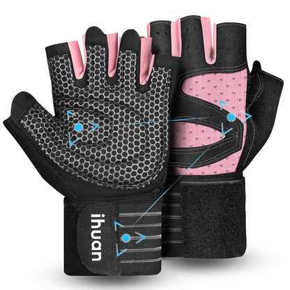 ihuan Ventilated Weight Lifting Gym Workout Gloves with Wrist Wrap Support for Men & Women, Full Palm Protection, for Weightlifting, Training, Fitness, Hanging, Pull ups